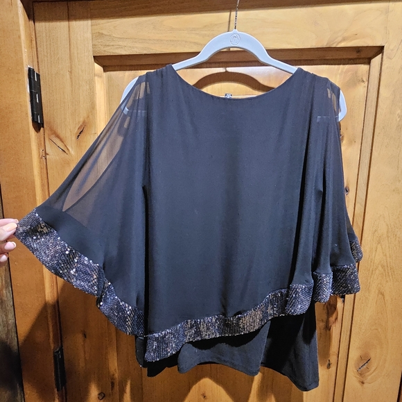 Sequin Womens Boat Neck Elbow Sleeve Blouse - Picture 2 of 5